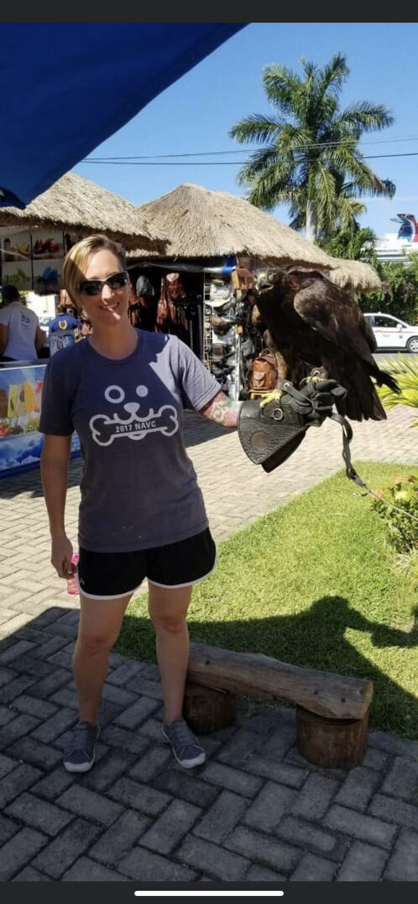 Person holding large bird outside